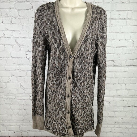 Free People Animal Print Wool Blend 5 Button Front Knit Long Cardigan Sweater L - Picture 1 of 10